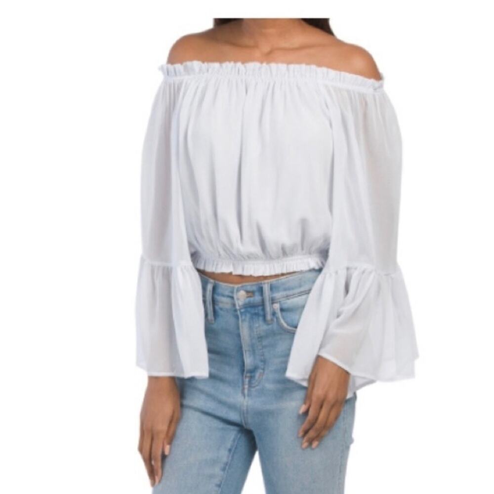 NWT Shinestar Bell Sleeve Crop Light Blue Semi Sheer Fairy Romantic Blouse Large
